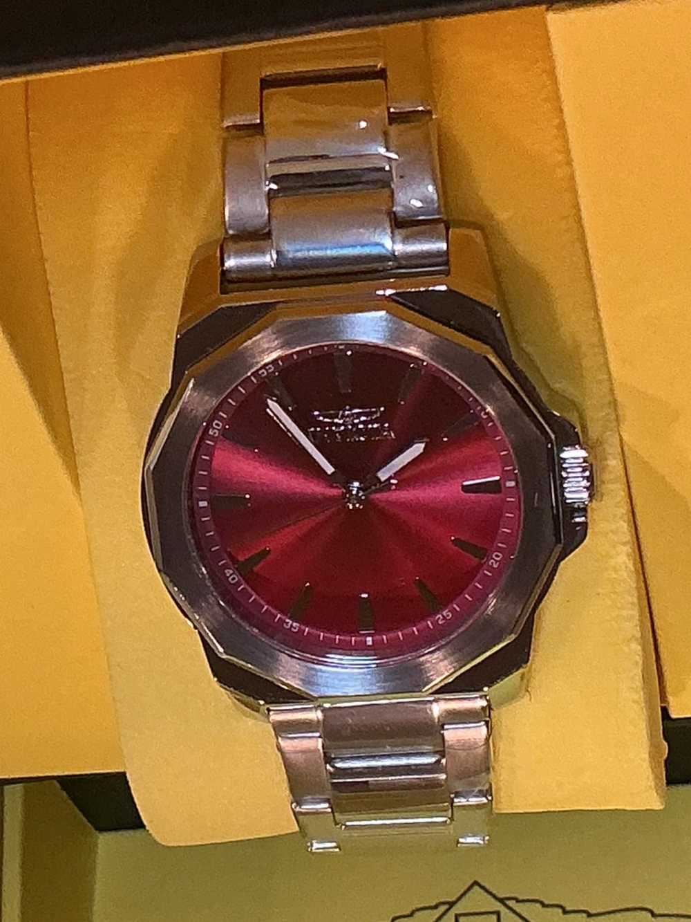 Invicta Men's Silver Watch with Red Sunburst Dial